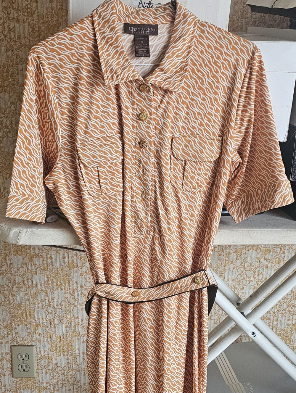 Chadwicks Women's Peach Patterned Short-Sleeve Dress with Belt